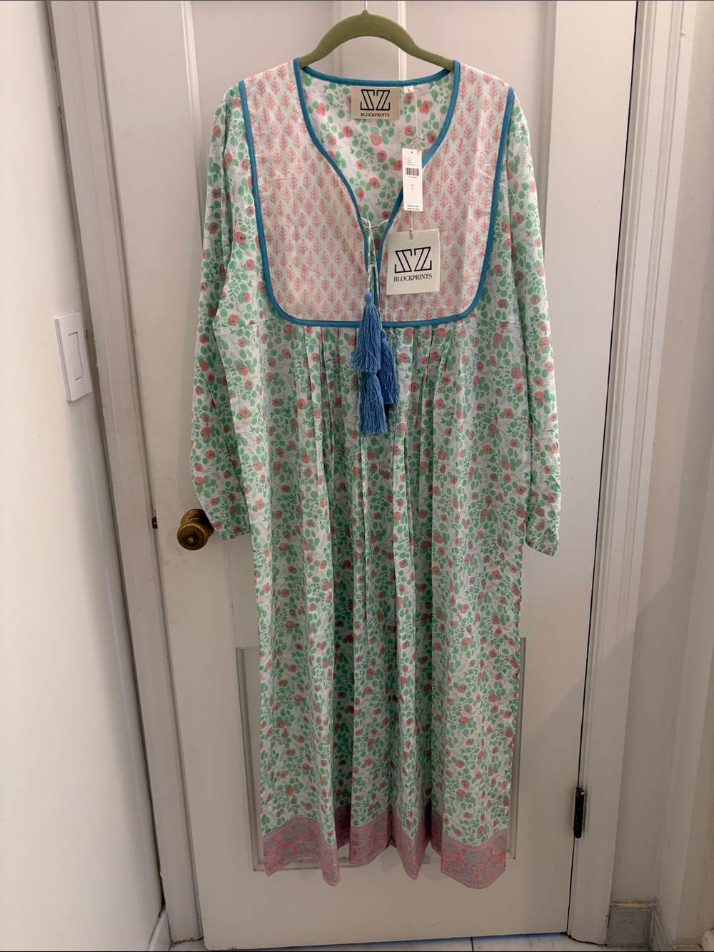 NWT SZ Blockprints Blueberry Print Mint Floral Tassel Dress with Pink Accents